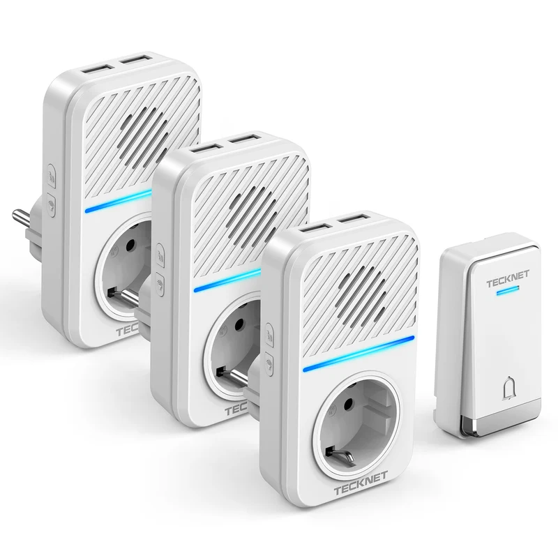 TECKNET Funkklingel Batterielose mit 3 Steckdosen und 6 USB Anschlüsse