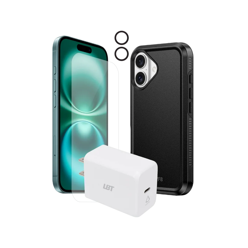 iPhone 16 4-in-1 Bundle - Impact Case, Tempered Glass, Camera Guard, 30W PD Charger
