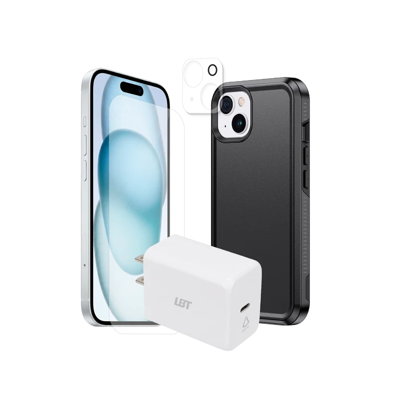 iPhone 15 4-in-1 Bundle - Impact Case, Tempered Glass, Camera Guard, 30W PD Charger